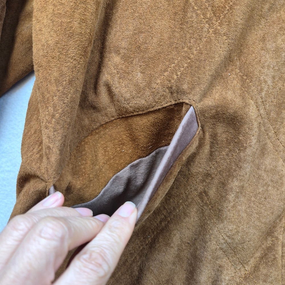 LL Bean Vintage Suede Leather Jacket Cognac Brown Paisley Lining Womens Large - Picture 10 of 16